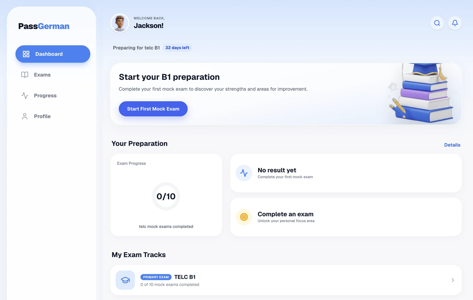 PassGerman dashboard: start your first telc B1 mock exam