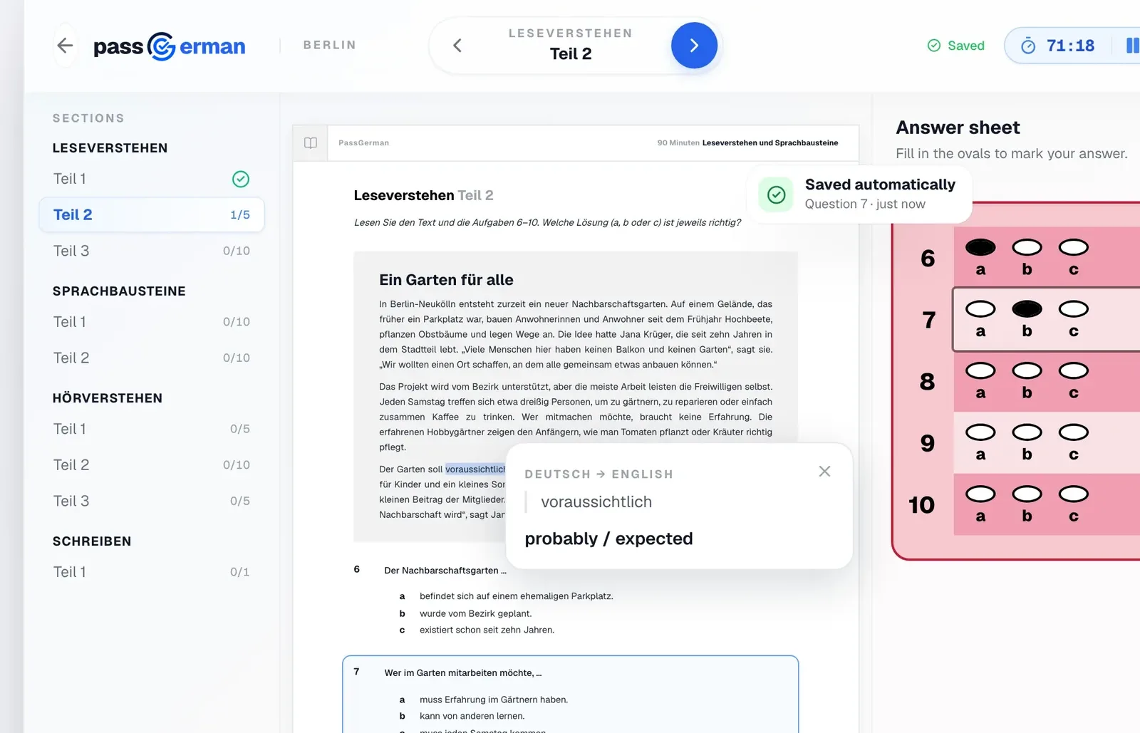 PassGerman telc B1 exam simulator with a reading task, the answer sheet and the exam timer