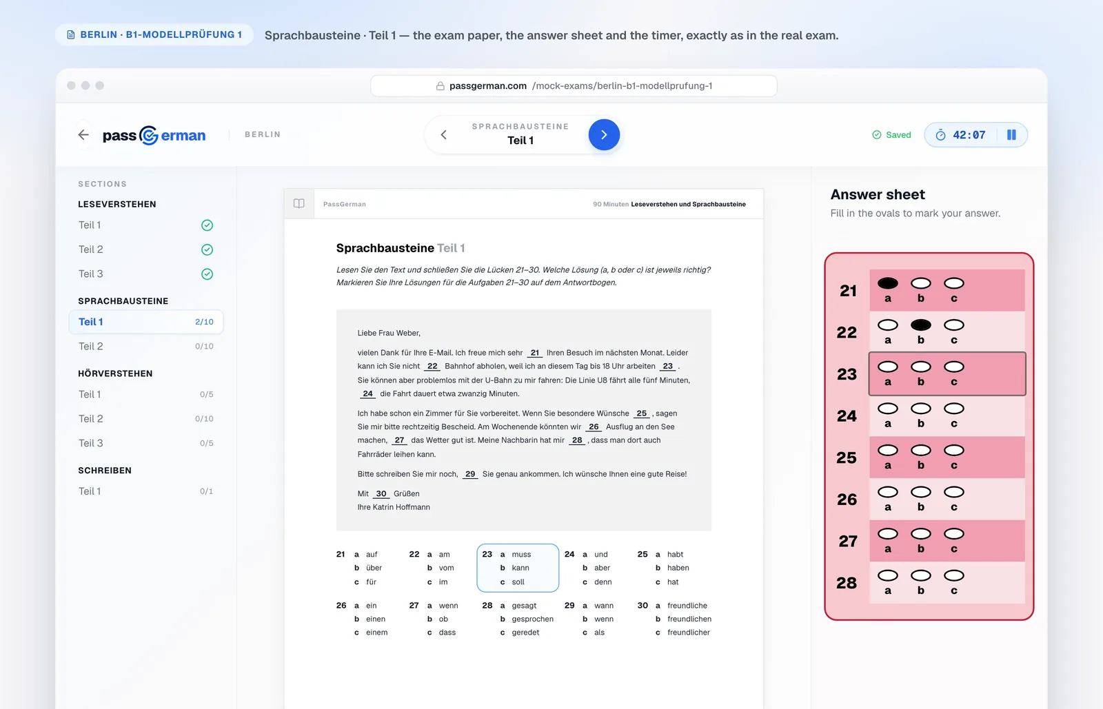 A PassGerman telc B1 Modelltest online: Sprachbausteine task, answer sheet and timer